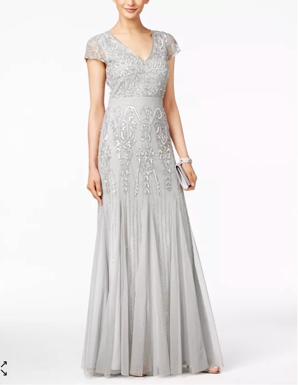 Adrianna Papell Cap-Sleeve Beaded V-Neck Gown 16